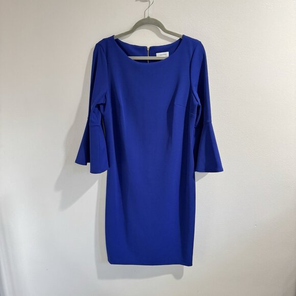 Calvin Klein Dress 14 Sheath Bell Flare Sleeves Royal Blue Career Business - Picture 1 of 8